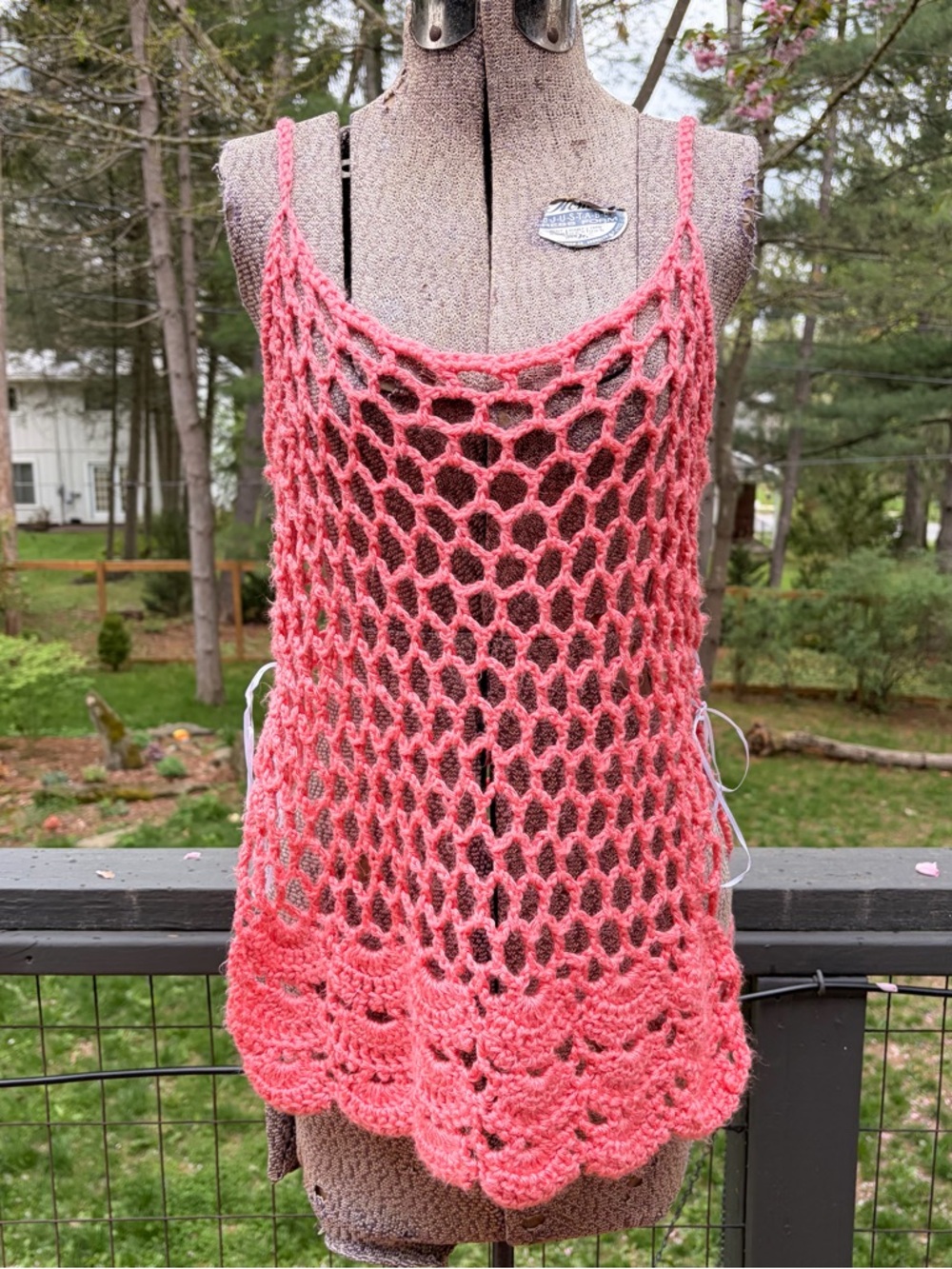Handmade Crochet bubblegum pink Scalloped Tank Top with lace up tie sides
